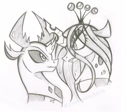 Size: 1765x1582 | Tagged: artist:rossmaniteanzu, changedling, changeling, changeling king, changeling queen, derpibooru import, duo, female, grayscale, king thorax, looking at each other, male, monochrome, mother and son, pencil drawing, queen chrysalis, safe, simple background, sketch, smiling, thorax, traditional art, white background