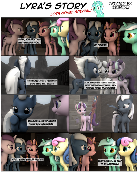 Size: 3929x4904 | Tagged: safe, artist:goatcanon, derpibooru import, bacon braids, bon bon, double diamond, lyra heartstrings, night glider, starlight glimmer, sugar belle, sweetie drops, earth pony, pony, unicorn, comic:lyra's story, the cutie map, 3d, backstory, braid, comic, dialogue, equal cutie mark, equal town, female, flashback, mare, our town, s5 starlight, source filmmaker, staff, staff of sameness, starlight's village