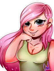 Size: 1024x1345 | Tagged: artist:paintcoloryt, blushing, breasts, cleavage, clothes, derpibooru import, fluttershy, hand on chin, human, humanized, safe, shirt, simple background, transparent background