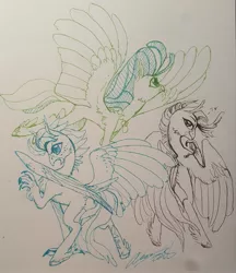 Size: 2443x2831 | Tagged: artist:creeate97, cheek fluff, chest fluff, classical hippogriff, derpibooru import, dialogue, flying, heart, hippogriff, jewelry, my little pony: the movie, necklace, princess skystar, safe, signature, simple background, spread wings, traditional art, trio, unshorn fetlocks, wings
