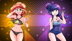 Size: 2560x1440 | Tagged: safe, artist:laszlvfx, artist:masterohyeah, derpibooru import, edit, sci-twi, sunset shimmer, twilight sparkle, human, equestria girls, equestria girls series, forgotten friendship, armpits, clothes, humanized, peace sign, swimsuit, wallpaper, wallpaper edit