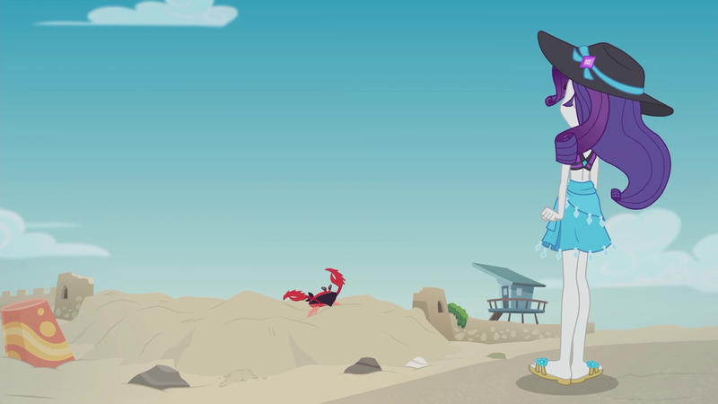 Size: 1920x1080 | Tagged: safe, derpibooru import, screencap, rarity, crab, giant crab, aww... baby turtles, equestria girls, equestria girls series, beach, clothes, cloud, crab fighting a giant rarity, feet, flip-flops, rarity fighting a giant crab, rarity fighting a regular sized crab, role reversal, sand, sandals, sky, solo, swimsuit