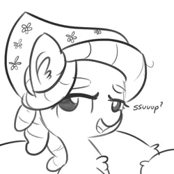 Size: 1650x1650 | Tagged: safe, artist:tjpones, derpibooru import, tree hugger, earth pony, pony, bandana, bust, chest fluff, dialogue, dreadlocks, ear fluff, eyebrows, female, grayscale, headscarf, mare, monochrome, scarf, simple background, solo, white background