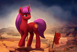 Size: 900x607 | Tagged: safe, artist:rodrigues404, derpibooru import, oc, unofficial characters only, pony, unicorn, animated, banner, cinemagraph, commission, desert, female, flag, mare, scenery, smoke, solo, wind