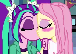 Size: 1800x1279 | Tagged: safe, artist:bigpurplemuppet99, derpibooru import, aria blaze, fluttershy, equestria girls, ariashy, blushing, female, flutterblaze, kissing, lesbian, shipping