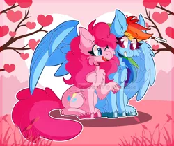 Size: 2500x2111 | Tagged: safe, artist:amanddica, derpibooru import, pinkie pie, rainbow dash, earth pony, pegasus, pony, cheek fluff, chest fluff, cutie mark, ear fluff, fangs, female, fluffy, gift art, heart, lesbian, looking at each other, mare, one eye closed, one wing out, open mouth, pinkiedash, shipping, sitting, smiling, tree, watermark