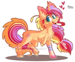 Size: 2000x1660 | Tagged: safe, artist:amanddica, derpibooru import, oc, oc:sweet song, unofficial characters only, pony, unicorn, commission, cutie mark, female, fluffy, freckles, hair tie, happy, heart, mare, open mouth, raised hoof, simple background, sock, solo, transparent background, watermark