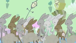 Size: 1280x721 | Tagged: bunny stampede, chaos, derpibooru import, dust cloud, eyes closed, floating island, girabbit, rabbit, safe, screencap, stampede, the return of harmony