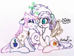Size: 1933x1447 | Tagged: safe, artist:binkyt11, derpibooru import, oc, oc:belladonna lamia, oc:penelope, unofficial characters only, pegasus, pony, undead, unicorn, blushing, boop, cloak, clothes, crack shipping, ear piercing, earring, fake cutie mark, female, heart, horngasm, jewelry, lesbian, mare, necrophilia, nervous, noseboop, oc x oc, orgasm, piercing, pomf, potato sack, shipping, sparking horn, spread wings, sticky note, stitches, wingboner, wings