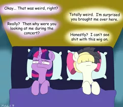Size: 1465x1280 | Tagged: safe, artist:strebiskunk, derpibooru import, songbird serenade, twilight sparkle, twilight sparkle (alicorn), alicorn, pegasus, pony, my little pony: the movie, bed, crack shipping, dialogue, female, implied sex, lesbian, lying down, mare, on back, pillow, shipping, songlight, speech bubble, vulgar