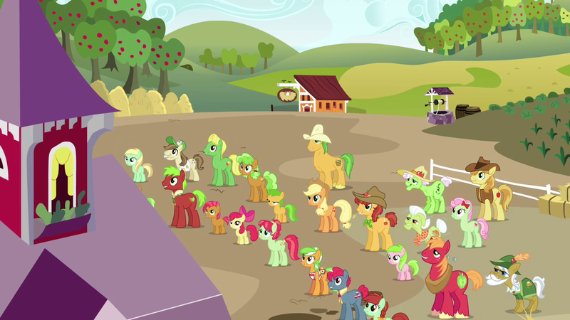 Size: 1280x720 | Tagged: safe, derpibooru import, screencap, apple bloom, apple cinnamon, apple mint, apple squash, apple strudel, applejack, auntie applesauce, babs seed, big macintosh, braeburn, candy apples, granny smith, hayseed turnip truck, sweet tooth, earth pony, pony, apple family reunion, animation error, apple family, apple family member, apple tree, barn, chicken coop, corn, cowboy hat, food, garden, hat, hay bales, lettuce, raise this barn, sign, stetson, tree, well