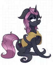 Size: 667x820 | Tagged: safe, artist:dragonpone, artist:paskanaakka, color edit, derpibooru import, edit, oc, oc:belladonna lamia, unofficial characters only, pony, unicorn, back scratching, butt freckles, chest fluff, cloak, clothes, colored, colored sketch, female, floppy ears, freckles, lidded eyes, mare, nose wrinkle, scratching, smiling, solo, tentacle legs, tentacles, wat