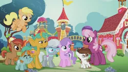 Size: 1280x720 | Tagged: safe, derpibooru import, screencap, button mash, cheerilee, diamond tiara, mango dash, pipsqueak, silver spoon, snails, snips, earth pony, pony, crusaders of the lost mark, colt, flag, flower, male, playground, ponyville schoolhouse, the pony i want to be
