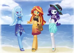 Size: 1406x1000 | Tagged: safe, artist:howxu, derpibooru import, rarity, sunset shimmer, trixie, equestria girls, equestria girls series, forgotten friendship, adorasexy, beach, belly button, bikini, clothes, cloud, cute, diatrixes, feet, female, flip-flops, happy, midriff, ocean, raribetes, sandals, sarong, sexy, shimmerbetes, sky, smiling, smug, swimsuit, trio female