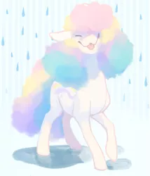 Size: 513x600 | Tagged: safe, artist:bananasmores, derpibooru import, raincurl, pony, cute, fluffy, g1, g1betes, mlem, pastel, puddle, rain, rainbow curl pony, rainbow hair, rainbow tail, silly, solo, tongue out