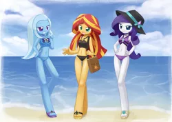 Size: 1406x1000 | Tagged: safe, alternate version, artist:howxu, derpibooru import, rarity, sunset shimmer, trixie, equestria girls, equestria girls series, adorasexy, beach, beach babe, belly button, bikini, bikini babe, bikini bottom, clothes, cute, diatrixes, feet, female, happy, hat, looking at you, midriff, raribetes, sand, sandals, sexy, shimmerbetes, smiling, smug, sun hat, swimsuit, trio female