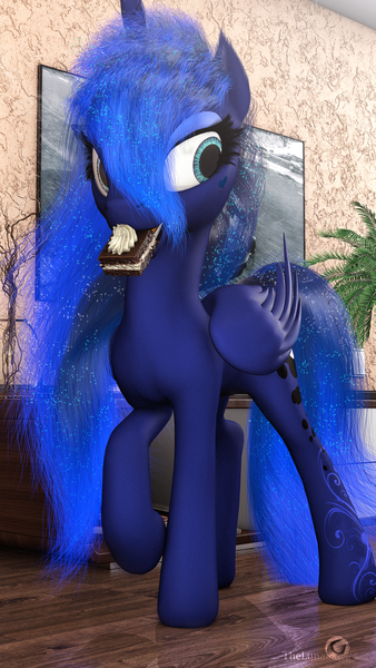 Size: 1188x2112 | Tagged: 3d, alicorn, artist:thelunagames, cake, cinema 4d, derpibooru import, food, heart, pagani, princess luna, safe, solo, table