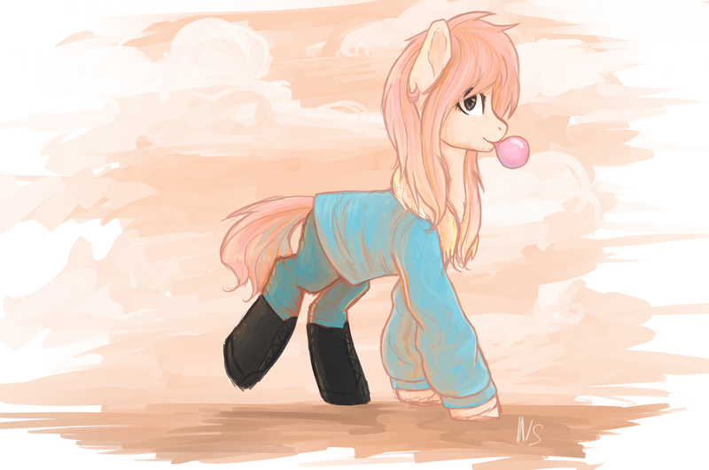 Size: 4526x3000 | Tagged: safe, artist:nightskrill, derpibooru import, oc, unofficial characters only, earth pony, pony, boots, bubblegum, clothes, female, food, gum, mare, shoes, solo, walking