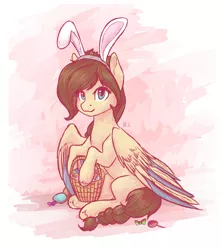 Size: 2169x2451 | Tagged: safe, artist:nightskrill, derpibooru import, oc, unofficial characters only, pegasus, pony, basket, braided tail, bunny ears, candy, easter, easter basket, easter egg, female, food, holiday, mare, sitting, solo, sweets