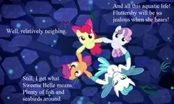 Size: 945x567 | Tagged: apple bloom, cropped, cutie mark crusaders, derpibooru import, edit, edited screencap, implied fluttershy, safe, scootaloo, screencap, sea-mcs, seaponified, seapony apple bloom, seapony (g4), seapony scootaloo, seapony sweetie belle, seaquestria, species swap, surf and/or turf, sweetie belle, terramar, text, youtube screencap