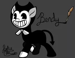 Size: 673x524 | Tagged: safe, artist:pinkiepie6680, derpibooru import, ponified, pony, bendy, bendy and the ink machine, bowtie, devil tail, grin, quill pen, smiling, solo