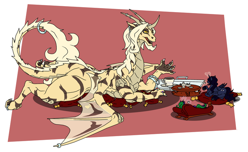 Size: 2830x1731 | Tagged: safe, artist:siegfriednox, derpibooru import, oc, oc:byzantium guidance, oc:invidia nox, oc:saanjurani, unofficial characters only, alicorn, dragon, unicorn, fainting couch, pillow, tea party, tea set