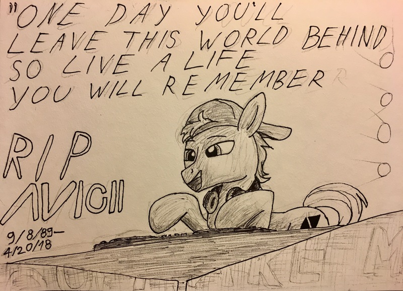 Size: 4015x2899 | Tagged: safe, artist:littlenaughtypony, derpibooru import, ponified, pony, avicii, death, rest in peace, solo, traditional art, tribute