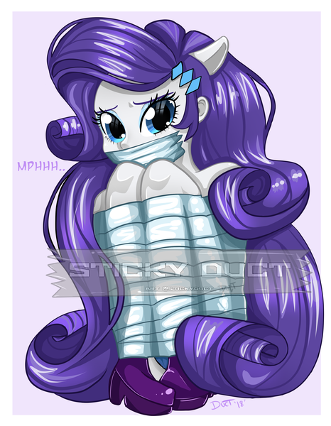 Size: 2744x3532 | Tagged: suggestive, artist:stickyduct, derpibooru import, rarity, human, equestria girls, bondage, clothes, duct tape, eye reflection, female, four ears, gag, looking at you, muffled moaning, mummification, mummified, nudity, obtrusive watermark, ponied up, reflection, shoes, simple background, sitting, solo, solo female, tape bondage, tape gag, watermark, wrapped up