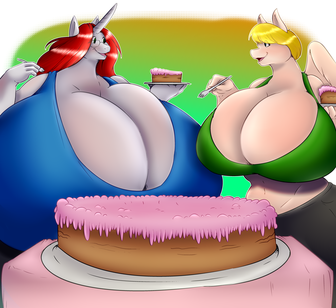 Size: 5000x4591 | Tagged: suggestive, artist:09hankris, artist:saintdraconis, derpibooru import, oc, oc:golden shoes, oc:lynette, anthro, pegasus, unicorn, absurd resolution, bbw, big breasts, birthday, birthday cake, breasts, cake, cleavage, fat, food, huge breasts, hyper, hyper breasts, impossibly large breasts, small head