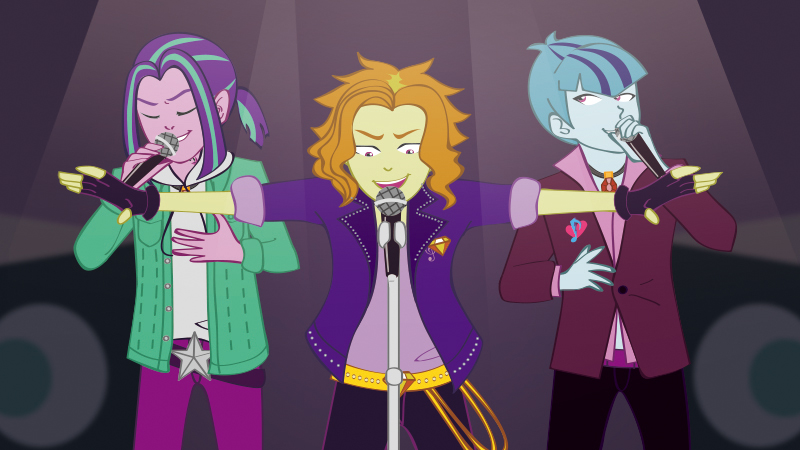 Size: 800x450 | Tagged: safe, artist:jessiexie, derpibooru import, adagio dazzle, aria blaze, sonata dusk, equestria girls, rainbow rocks, allegro amoroso, clothes, equestria guys, eyes closed, fingerless gloves, gloves, group, male, microphone, ouvertis grandioso, rule 63, scherzo lesto, singing, spotlight, stage, the blindings, the dazzlings, trio