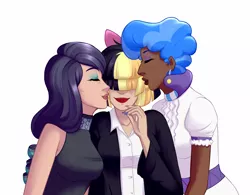 Size: 1200x935 | Tagged: artist:emberfan11, bow, coloratura, colorenade, dark skin, derpibooru import, ear piercing, earring, eyes closed, eyeshadow, female, human, humanized, jewelry, kissing, kiss on the cheek, kiss sandwich, lesbian, lipstick, makeup, my little pony: the movie, nail polish, piercing, polyamory, rarabetes, safe, sapphirebetes, sapphire colorenade, sapphire shores, sapphire songbird, shipping, sia (singer), simple background, songbetes, songbird serenade, trio, white background