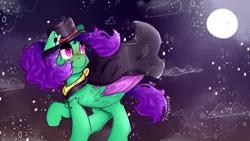 Size: 1024x576 | Tagged: safe, artist:yunieelloa, derpibooru import, oc, oc:lugaluz, pegasus, pony, cloak, clothes, female, hat, mare, night, solo, two toned wings