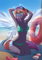 Size: 905x1280 | Tagged: anthro, anthro oc, arm behind head, armpits, artist:glorious-rarien, beach, belly button, bikini, breasts, cleavage, clothes, derpibooru import, female, hybrid, kneeling, looking at you, mare, midriff, oc, ocean, oc:lumina flare, pinup, safe, short hair, swimsuit, unofficial characters only, ych result