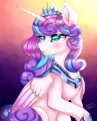 Size: 1024x1280 | Tagged: safe, artist:xxmiracle48xx, derpibooru import, princess flurry heart, alicorn, pony, crown, deviantart watermark, female, jewelry, majestic as fuck, mare, obtrusive watermark, older, older flurry heart, regalia, smiling, solo, watermark