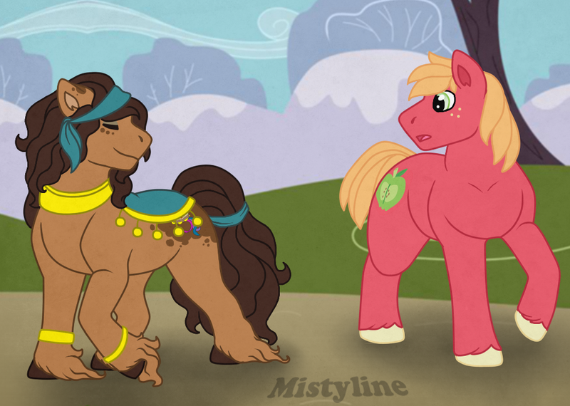 Size: 1000x713 | Tagged: safe, artist:mistyline, derpibooru import, big macintosh, oc, oc:gipsy tamborine, earth pony, pony, canon x oc, clothes, female, male, mare, missing accessory, shipping, straight, unshorn fetlocks