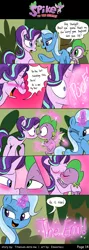Size: 800x2245 | Tagged: safe, artist:emositecc, artist:titanium-pony, derpibooru import, spike, starlight glimmer, trixie, dragon, pony, unicorn, comic:spike to the rescue, molt down, blushing, comic, denial, dialogue, female, kissing, male, now kiss, shipper on deck, shipping, sparlight, speech bubble, straight, sudden kiss, teleportation, the great and powerful shipper, vulgar, winged spike