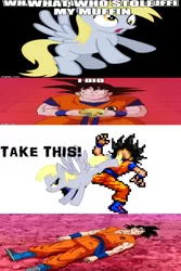 Size: 1152x1726 | Tagged: derpibooru import, derpy hooves, dragonball z abridged, food, goku, image macro, meme, muffin, safe, team four star, wat