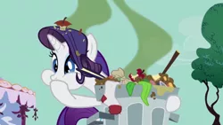 Size: 640x360 | Tagged: safe, derpibooru import, screencap, rarity, pony, unicorn, party of one, cropped, not fabulous, smell, smelly, solo, stink lines, trash, trash can