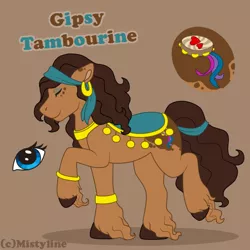 Size: 900x900 | Tagged: safe, artist:mistyline, derpibooru import, oc, oc:gipsy tamborine, unofficial characters only, earth pony, pony, brown background, eyes closed, female, mare, raised hoof, simple background, solo, unshorn fetlocks