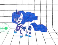 Size: 2527x1966 | Tagged: artist:eternaljonathan, derpibooru import, laser gun, original species, pencil drawing, princess luna, safe, science fiction, solo, traditional art, transformation