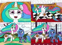 Size: 4355x3150 | Tagged: alicorn, artist:eternaljonathan, ballroom, canterlot, castle, comic, comic:first three back, derpibooru import, female, garden, magic, mare, pencil drawing, princess celestia, princess luna, royal sisters, s1 luna, safe, traditional art