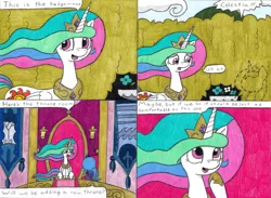 Size: 4306x3158 | Tagged: alicorn, artist:eternaljonathan, canterlot, castle, comic, comic:first three back, derpibooru import, female, hedge maze, lost, mare, pencil drawing, plot, princess celestia, princess luna, royal sisters, s1 luna, safe, sitting, throne, throne room, traditional art