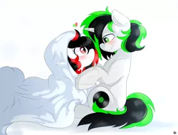 Size: 1600x1214 | Tagged: safe, artist:bl--blacklight, derpibooru import, oc, oc:litch, oc:ray scratch, unofficial characters only, pony, unicorn, blanket, couple, duo, female, looking at each other, male, ritch, simple background, smiling, straight, white background