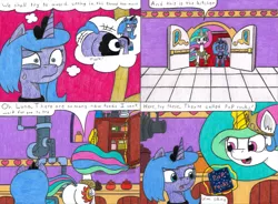 Size: 4308x3169 | Tagged: alicorn, artist:eternaljonathan, candy, canterlot, canterlot castle, castle, comic, comic:first three back, derpibooru import, female, food, jar, jiggle, kitchen, moonbutt, oven, pans, pencil drawing, pipe, plot, pop rocks, pot, princess celestia, princess luna, royal sisters, s1 luna, safe, sunbutt, throne, throne room, traditional art