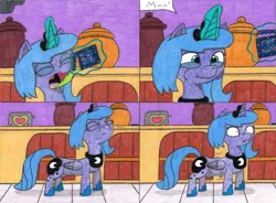 Size: 4316x3168 | Tagged: alicorn, artist:eternaljonathan, candy, canterlot, canterlot castle, castle, comic, comic:first three back, derpibooru import, eating, female, food, jar, kitchen, pans, pencil drawing, popping, pop rocks, princess luna, s1 luna, safe, surprised, toaster, traditional art