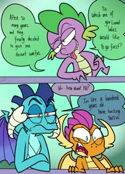 Size: 800x1114 | Tagged: annoyed, artist:emositecc, comic, crossed arms, derpibooru import, disgusted, dragon, dragoness, dragon lord ember, female, hotdiggedydemon-ish, male, .mov, princess ember, safe, school daze, shipping denied, smolder, speech bubble, spike, style emulation