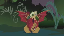 Size: 1280x720 | Tagged: safe, derpibooru import, screencap, applejack, manny roar, earth pony, manticore, pony, friendship is magic, duo, female, mare, ponies riding cats, riding, spread wings, wings
