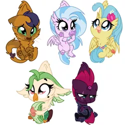 Size: 1024x1024 | Tagged: safe, artist:kellythedrawinguni, derpibooru import, capper dapperpaws, captain celaeno, princess skystar, silverstream, tempest shadow, abyssinian, cat, classical hippogriff, hippogriff, parrot, pony, unicorn, my little pony: the movie, school daze, armor, behaving like a cat, capperbetes, celaenobetes, chibi, cute, diastreamies, female, mare, scruff, simple background, skyabetes, smiling, tempestbetes, white background