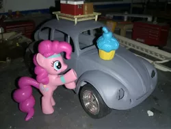 Size: 3264x2448 | Tagged: basket, blind bag, car, cooler, cupcake, derpibooru import, everfree customs, food, garage, picnic basket, pinkie pie, safe, toolbox, toy, trailer, volkswagen, volkswagen beetle