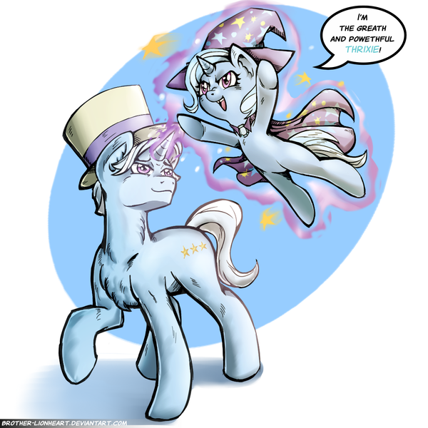 Size: 1150x1150 | Tagged: safe, artist:brother-lionheart, derpibooru import, jack pot, trixie, pony, unicorn, grannies gone wild, cape, clothes, cute, father and daughter, female, filly, glowing horn, hat, levitation, magic, male, smiling, stallion, telekinesis, trixie's cape, trixie's hat